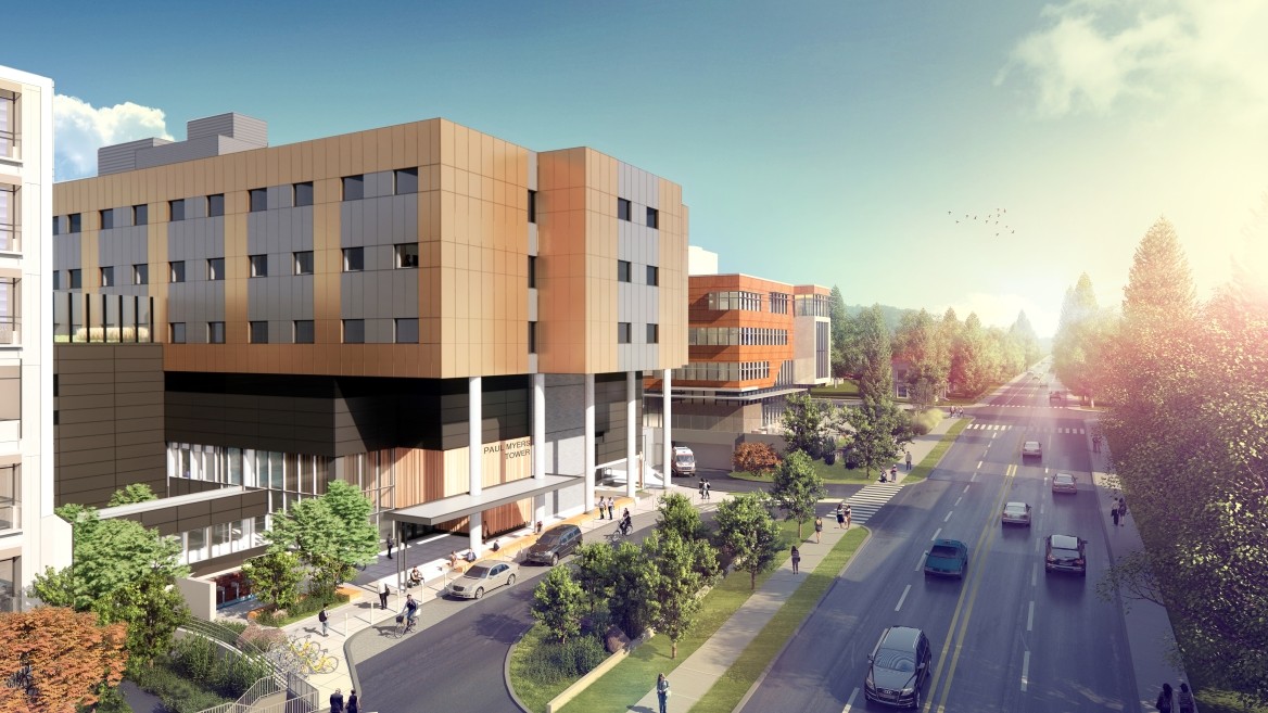A rendering of the Lions Gate Hospital project in North Vancouver, as if lit by bright sunlight
