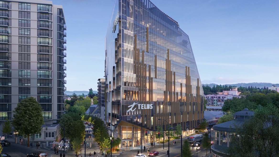 The planned exterior of the new TEUS Ocean building in Victoria, British Columbia, as seen in the evening