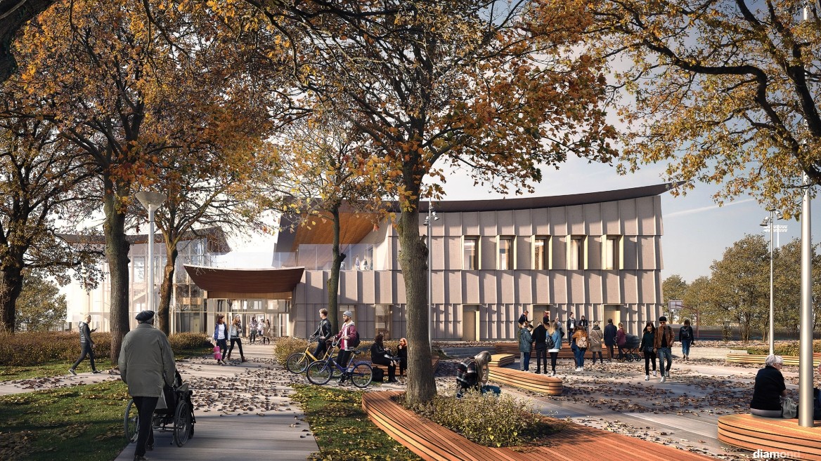A proposed view of how the new Marpole Community Centre might look with fall foliage in the foreground